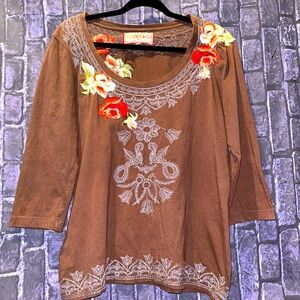 JOHNNY WAS JWLA Brown Floral Embroidered Long Sleeve Tunic Sz XL BOHO Retro